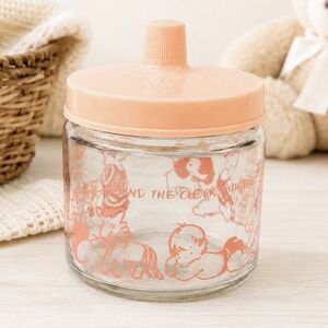 Vintage Glasco Pink Baby Glass Vanity Jar with Lid Nursery Round The Clock 1960s